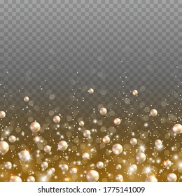 Gold glitter particles and light effect sparks isolated on transparent background. Vector glow golden shimmer confetti texture with pearl glossy beads for Christmas, New Year luxury card design.