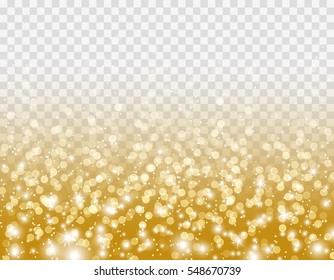 Gold glitter particles and lights effect for luxury greeting rich card. Vector glowing golden texture with confetti for new year design. Star dust sparks in explosion on transparent background