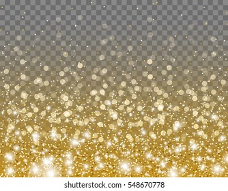 Gold glitter particles and lights effect for luxury greeting card. Vector glow gold shimmer texture with confetti for new year, christmas design. Star dust sparkles on transparent background