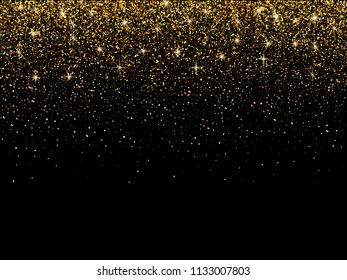 Gold glitter particles on dark background. Lights Shine effect  for your design. Gold falling particles for  greeting card, invitation. Vector illustration.