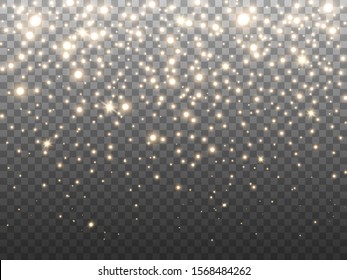 Gold glitter particles on transparent backdrop. Golden glowing confetti. Greeting card decoration. Falling shining stars and stardust. Christmas light effect. Vector illustration.