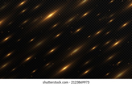 Gold glitter particles on transparent background. Christmas light effect. The dust sparks and golden stars shine with special light.
