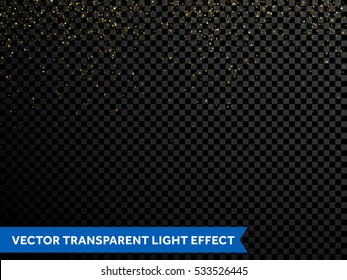 Gold glitter particles on transparent background. Vector golden dust texture. Twinkling confetti, shimmering star lights. Magic glowing sparkles spray. Cosmic space shine for Christmas decor