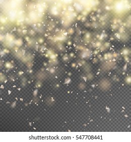 Gold glitter particles on transparent background. Twinkling confetti, shimmering lights. Magic glowing sparkles spray for Christmas decor. EPS 10 vector file included