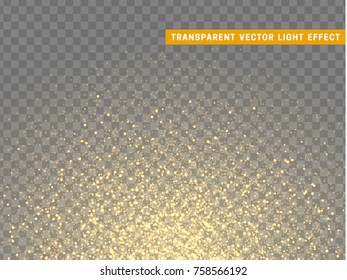 Gold glitter particles on transparent background. Golden glowing lights magic effects. Glow sparkles, vector illustration.