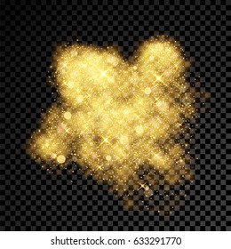 Gold glitter particles spray or golden dust explosion on vector black transparent background. Firework outburst of shimmering sequins light and gleaming confetti powder