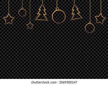Gold glitter particles star, ball, and tree hanging from top isolated  on png or transparent  background. Graphic resources for Christmas, New Year, Birthdays and luxury card. Vector illustration 