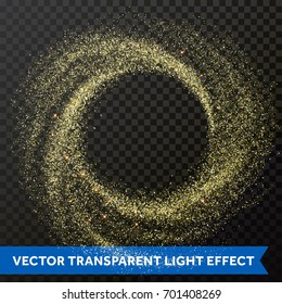 Gold Glitter Particles Swirl Or Circle Spin Effect On Transparent Background. Vector Sparkling Shining Light Twirl Of Glowing Glittering Particles Or Space Star Dust With Stardust Space Glow Texture