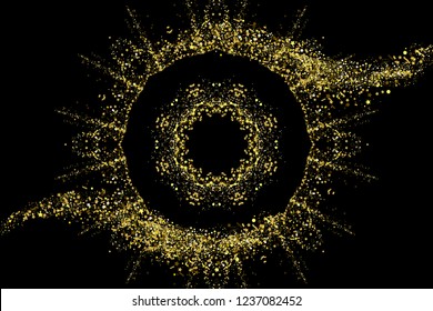 Gold glitter party confetti texture round banner frame with place for text on a black background. Circle golden explosion of confetti. Colorful grainy abstract dust. Christmas background design