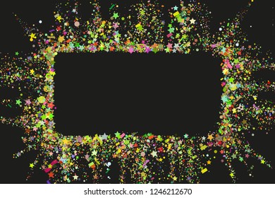 Gold glitter party confetti texture with copy space for text on a black background. Color explosion of confetti. Colorful grainy dust abstract texture on a black background. Background design element