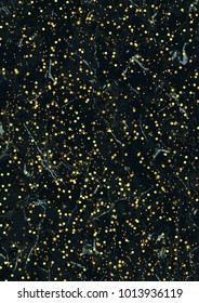 Gold glitter pattern on black marble background. Golden festive confetti for luxury backdrop, greeting gards, covers and invitations.