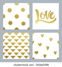 Gold glitter patterns set with dots, hearts, triangles and hand written Love lettering.