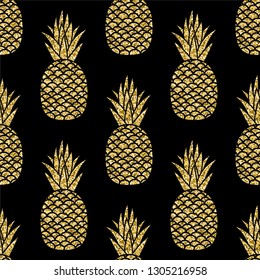 Gold glitter pineapple seamles pattern. Tropical golden exotic fruits on black background. Vector illustration for summer or organic design
