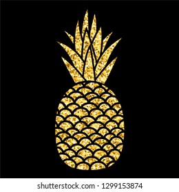 Gold glitter pineapple silhouette. Tropical golden exotic fruit isolated on black background. Vector illustration for summer or organic design