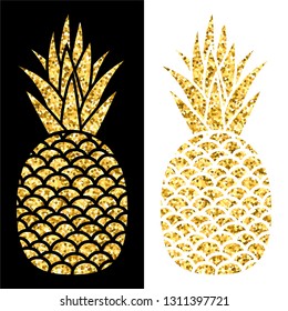 Gold glitter pineapple silhouette. Tropical golden exotic fruit isolated on black background. Vector illustration for summer or organic design on white backdrop