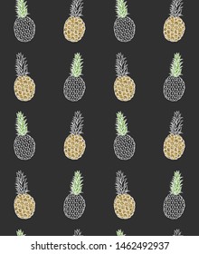 Gold glitter pineapples, hand drawn seamless pattern. Vector.