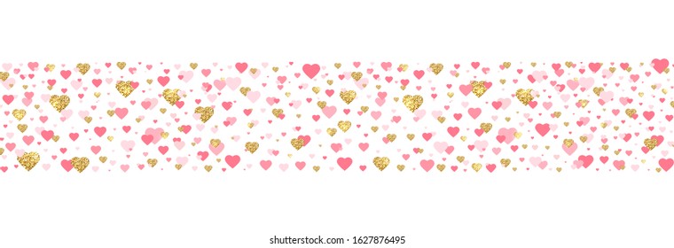 Gold glitter and pink heart border. Bright hearts confetti falling on white background. Valentines Day banner for greeting cards, wedding invitation, gift packages. Vector illustration