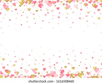 Gold glitter and pink hearts frame. Bright hearts confetti falling on white background. Valentines Day banner for greeting cards, wedding invitation, gift packages. Vector illustration.