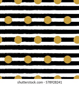 Gold glitter polka dot on lines seamless pattern background. Golden foil confetti. Black and white stripes.