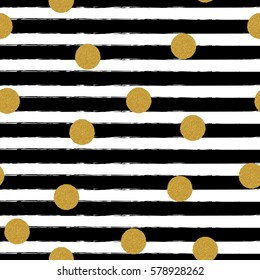 Gold glitter polka dot on lines seamless pattern background. Golden foil confetti. Black and white stripes.