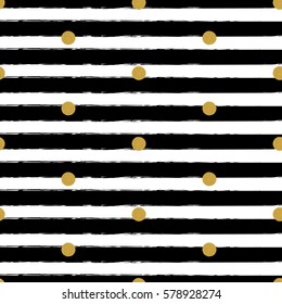 Gold glitter polka dot on lines seamless pattern background. Golden foil confetti. Black and white stripes.