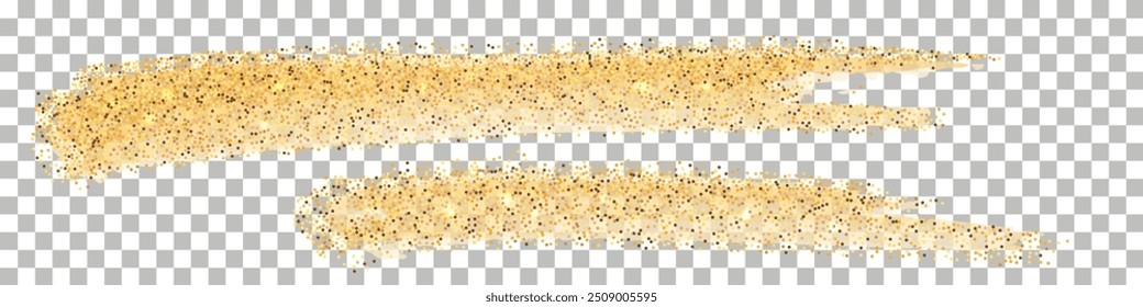 Gold glitter powder  brush strokes. Dot particles splash, golden sand texture, glowing sparkles. Isolated abstract streaks on transparent background. Vector illustration