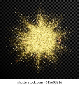 Gold glitter powder explosion. Golden dust and spark particles splash or shimmer burst. Sparkling sequins texture effect on transparent background