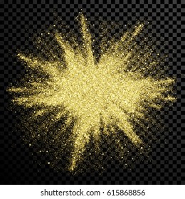 Gold glitter powder explosion. Golden dust and spark particles splash or shimmer burst. Sparkling sequins texture effect on transparent background