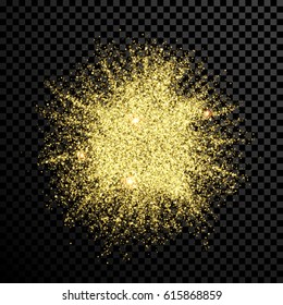 Gold Glitter Powder Explosion. Golden Dust And Spark Particles Splash Or Shimmer Burst. Sparkling Sequins Texture Effect On Transparent Background