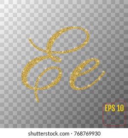 Gold glitter powder letter E in hand painted style on transparent background. Golden font type letter E, uppercase. Vector illustration. 