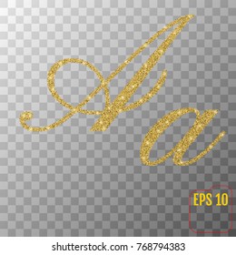 Gold glitter powder letter A in hand painted style on transparent background. Golden font type letter A, uppercase. Vector illustration. 