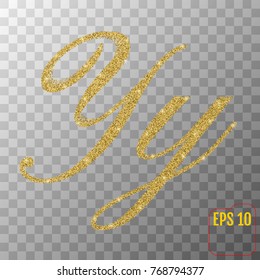 Gold glitter powder letter Y in hand painted style on transparent background. Golden font type letter Y, uppercase. Vector illustration. 