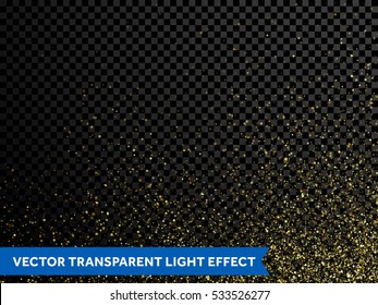 Gold glitter powder particles splash. Vector background of golden star dust spray. Magic mist glowing. Stylish fashion black backdrop of twinkling sequins for christmas or birthday holiday, wedding