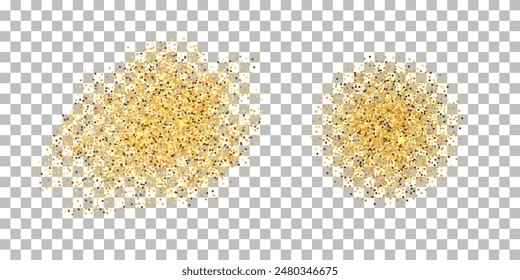 Gold glitter powder splash, golden particles with sparkles glow effect, round shape burst. Isolated on transparent background, vector illustration