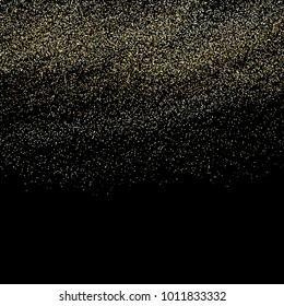 Gold glitter powder splash vector background. Golden scattered dust. Magic mist glowing. Stylish fashion black backdrop.