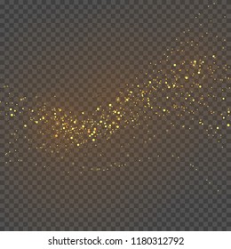 Gold glitter powder splash vector background. Golden scattered dust. Magic mist glowing. Stylish fashion texture with transparent backdrop imitation. Shining shimmer design.