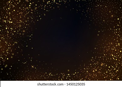 Gold glitter powder splash vector background. Golden scattered dust. Magic mist glowing. Stylish fashion black backdrop