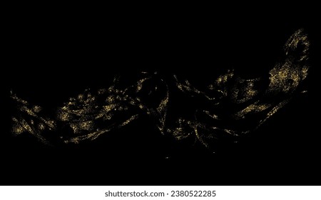 Gold glitter powder splash vector background. Golden scattering dust. Magic fog glows. Stylish fashionable black background.