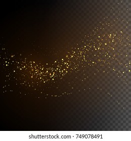 Gold glitter powder splash vector background. Golden scattered dust. Magic mist glowing. Stylish fashion texture with transparent backdrop imitation. Shining shimmer design. 