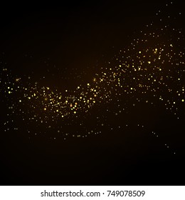 Gold glitter powder splash vector background. Golden scattered dust. Magic mist glowing. Stylish fashion texture on black. Shining shimmer design.