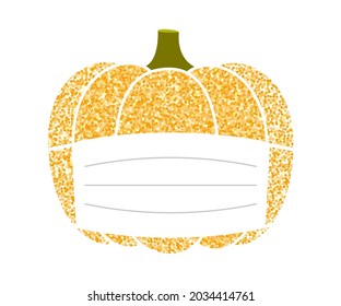 Calabaza de orujo dorada con máscara protectora para salvar las vacaciones de Halloween. Calabaza vegetal estacional de octubre. Ilustración del vector sobre fondo blanco