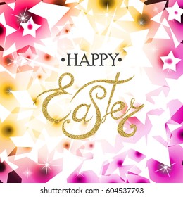 Gold glitter and purple abstract background. Lettering text.Happy Easter. Yellow confetti foil flyer, poster, shopping.