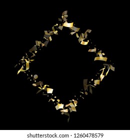 Gold glitter realistic confetti flying on black holiday vector background. Glamourous flying sparkle elements, gold foil texture serpentine streamers confetti falling carnival background.