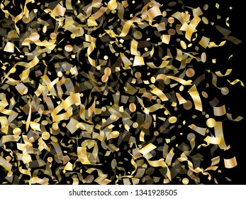 Gold glitter realistic confetti flying on black holiday vector background. Glamour flying sparkle elements, gold foil gradient serpentine streamers confetti falling new year vector.