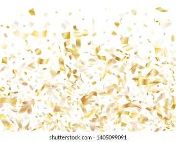 Gold glitter realistic confetti flying on white holiday banner background. Chic flying sparkle elements, gold foil gradient serpentine streamers confetti falling festive background.