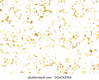 Gold glitter realistic confetti flying on white holiday vector graphic design. Chic flying sparkle elements, gold foil gradient serpentine streamers confetti falling christmas vector.