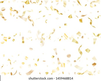 Gold Glitter Realistic Confetti Flying On White Holiday Vector Graphics. VIP Flying Tinsel Elements, Gold Foil Gradient Serpentine Streamers Confetti Falling New Year Vector.