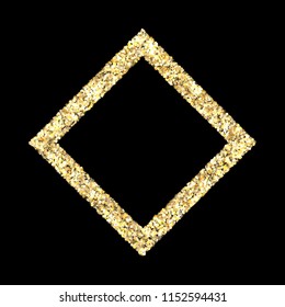 Gold glitter rhombus frame background. Gold frame sparkles on black background. Gilded abstract particles vector. Explosion of golden shining confetti glitter. Sparkles of confetti circle dots.
