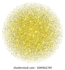 Gold glitter round background, chaotic sparkle circle on white