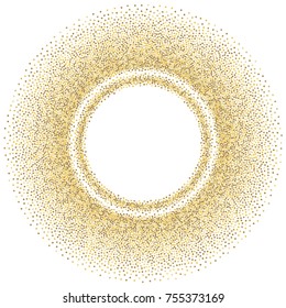 Gold glitter round frame. Golden ring dust falling round, flying circle yellow and brown confetti elements. Sparkle dots, round tinsel elements Christmas graphic background isolated on white vector.